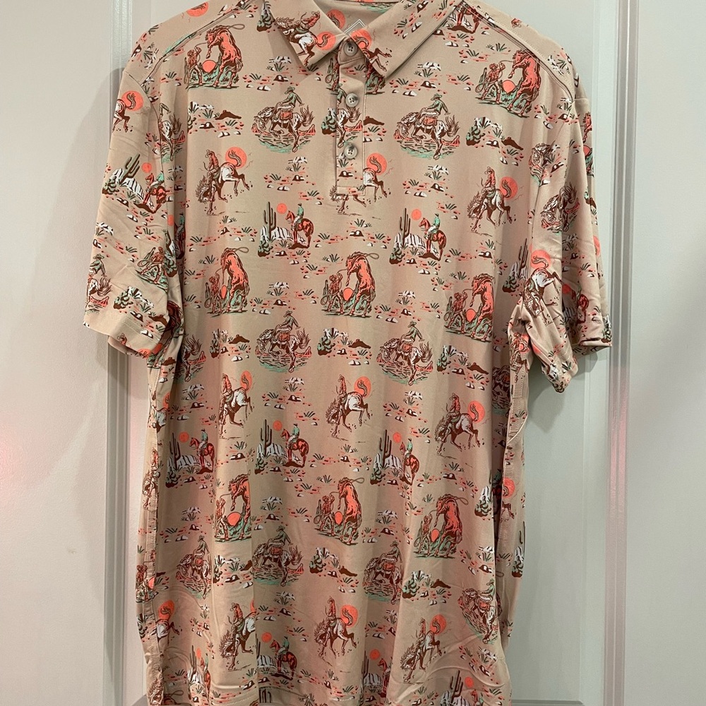 BURLEBO Beige Polo with Coral and Teal Western Print